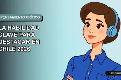 Ilustración vectorial plana de una mujer profesional chilena con blusa azul, representando el pensamiento crítico en un entorno de trabajo moderno con fondo degradado.