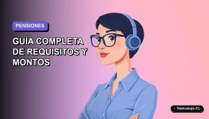 Ilustración vectorial plana de una mujer profesional chilena sonriente, con blusa azul y anteojos, sobre fondo degradado lavanda. Representa la Pensión Básica Solidaria 2026.