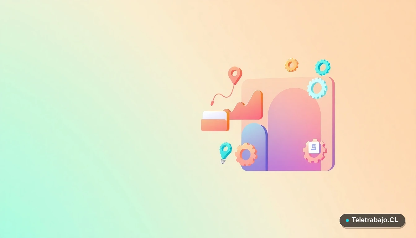 Composición abstracta de interfaz de usuario con gráficos, engranajes y carpetas flotantes en estilo vectorial plano, sobre fondo degradado menta. Concepto de tecnología y gestión para la Pensión Básica Solidaria.