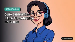 Ilustración vectorial plana de una mujer profesional chilena con blusa azul y lentes, sonriendo, sobre fondo degradado verde azulado. Representa capacitación en inglés avanzado con SENCE.