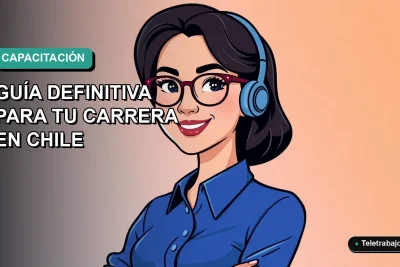 Ilustración vectorial plana de una mujer profesional chilena con blusa azul y lentes, sonriendo, sobre fondo degradado verde azulado. Representa capacitación en inglés avanzado con SENCE.
