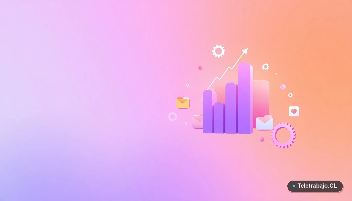 Composición abstracta de interfaz tecnológica con gráficos, engranajes y carpetas flotantes en tonos lavanda y durazno, sobre fondo degradado. Concepto de capacitación y desarrollo de habilidades digitales.