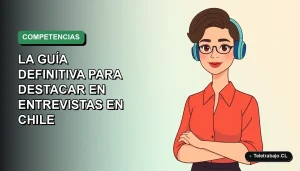 Ilustración vectorial plana de una mujer profesional chilena con peinado moderno y blusa color salmón, sobre fondo degradado suave azul y verde. Representa el perfil competencial para entrevistas laborales en Chile 2026.