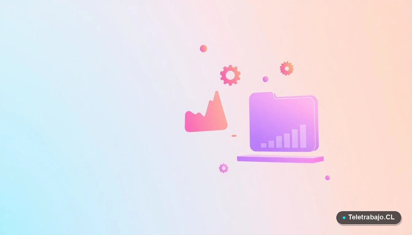 Elementos de interfaz de usuario abstractos y modernos, como gráficos flotantes y engranajes estilizados en colores lavanda y durazno, sobre fondo degradado menta. Representa habilidades técnicas y competencias digitales.