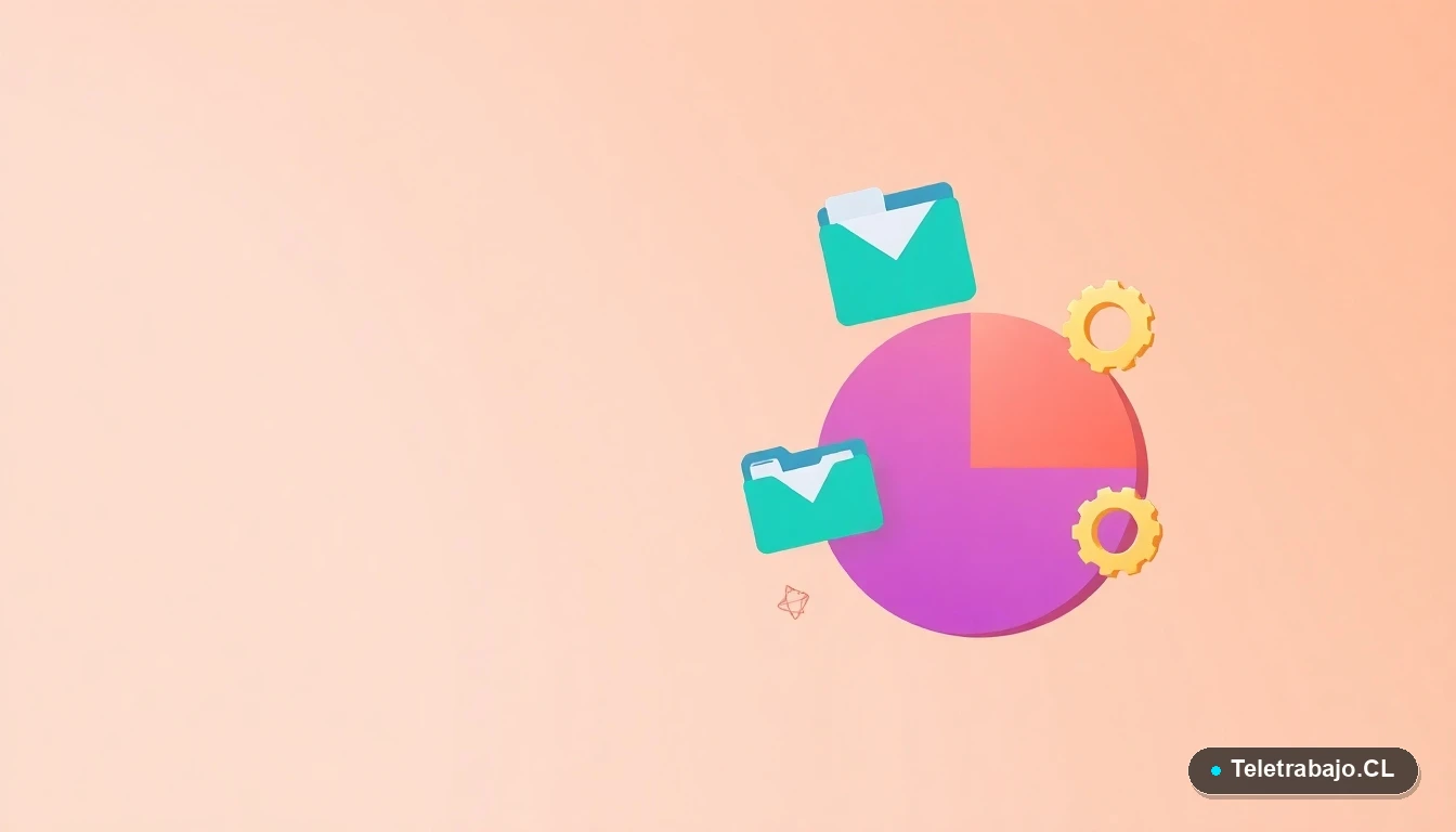 Composición abstracta de interfaz de usuario con gráficos, engranajes y carpeta flotantes en estilo vectorial plano, sobre fondo degradado melocotón. Representa conceptos de datos y organización profesional.