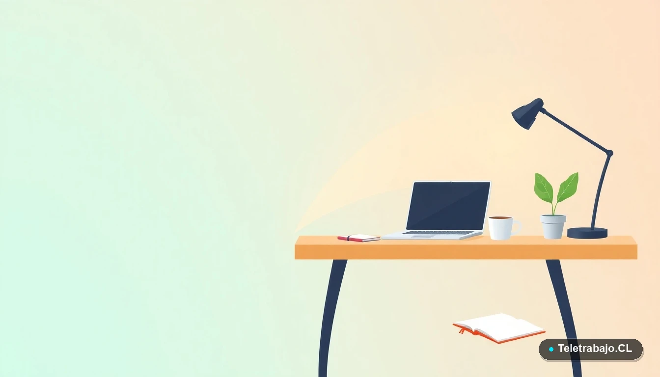 Escritorio moderno minimalista con laptop, cuaderno, taza de café y planta, en estilo de ilustración vectorial plana sobre fondo degradado menta y azul verdoso.