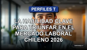 Un profesional latino sonriendo con confianza en una oficina moderna, representando el perfil en T ideal para el mercado laboral chileno.