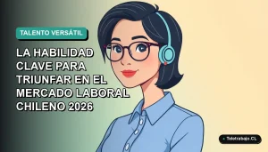 Ilustración plana corporativa de una mujer profesional chilena con blusa azul y lentes, sobre fondo degradado verde azulado, representando los perfiles en T para el mercado laboral 2026.