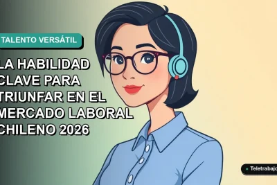 Ilustración plana corporativa de una mujer profesional chilena con blusa azul y lentes, sobre fondo degradado verde azulado, representando los perfiles en T para el mercado laboral 2026.