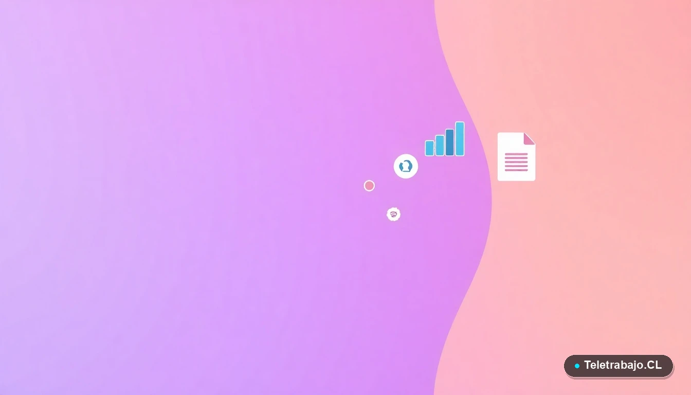 Elementos de interfaz de usuario abstractos y minimalistas, como gráficos y carpetas flotantes, sobre un fondo degradado lavanda, simbolizando las habilidades técnicas de un perfil en T.