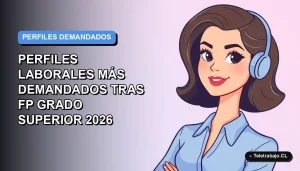 Ilustración vectorial plana de una mujer profesional de teletrabajo, con blusa azul y corte de pelo moderno, sobre fondo degradado suave azul y lila. Espacio negativo a la izquierda.