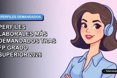 Ilustración vectorial plana de una mujer profesional de teletrabajo, con blusa azul y corte de pelo moderno, sobre fondo degradado suave azul y lila. Espacio negativo a la izquierda.