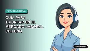 Ilustración plana vectorial de mujer profesional chilena con blusa azul y corte bob, representando los perfiles laborales más demandados para el 2026, sobre fondo degradado verde azulado.