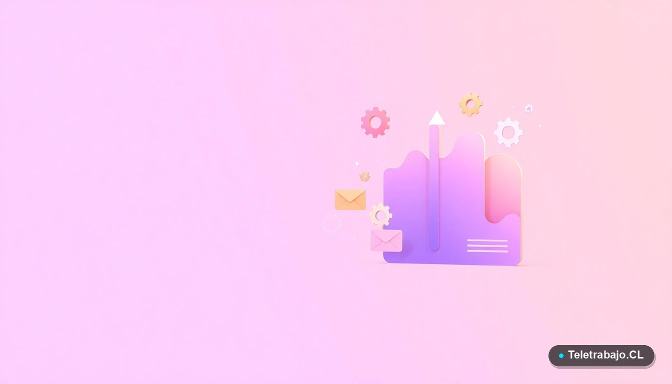 Composición abstracta de interfaz de usuario tecnológica con gráficos, engranajes y carpetas flotantes en tonos lavanda y durazno, representando el análisis de datos de tendencias laborales.