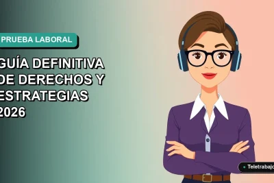 Ilustración plana de mujer profesional de teletrabajo en Chile con fondo degradado azul verdoso, representando derechos laborales.