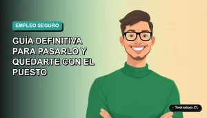 Ilustración vectorial plana de un trabajador masculino de tecnología con suéter verde, sonriendo, sobre un fondo degradado azul verdoso. Espacio negativo a la izquierda.