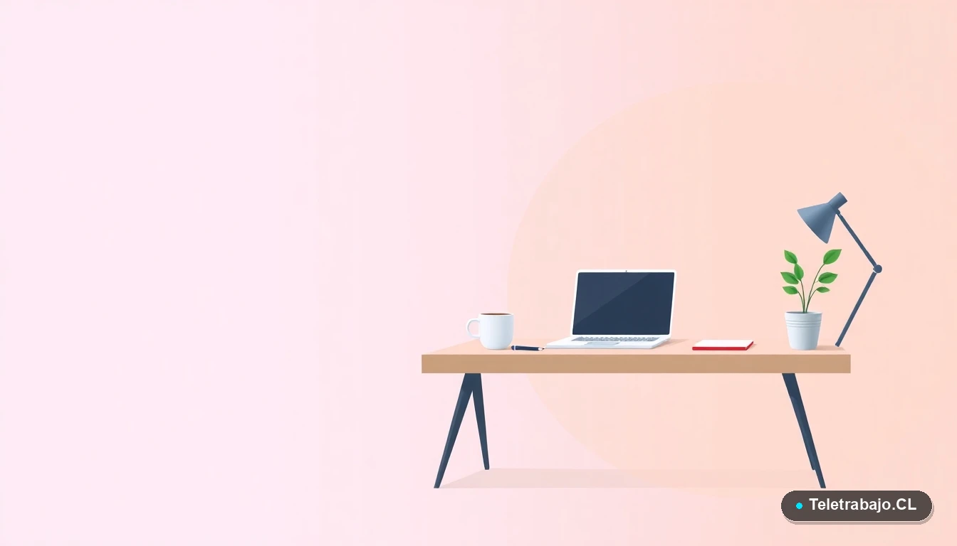 Escritorio moderno minimalista con laptop, cuaderno, taza de café y planta, en estilo de ilustración vectorial plana sobre fondo degradado lila y durazno.