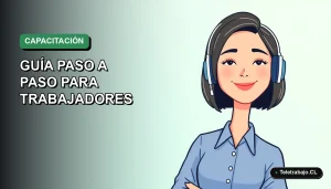 Ilustración plana vectorial de una trabajadora chilena sonriente, con blusa azul y corte bob, sobre fondo degradado verde. Concepto de permiso individual de capacitación laboral 2026.