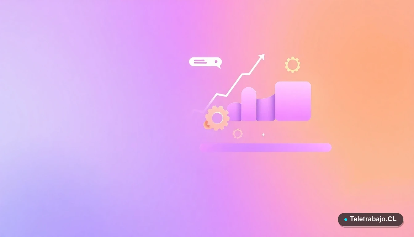 Elementos de interfaz de usuario abstractos: gráficos, engranajes y carpetas flotantes en tonos lavanda y durazno, sobre fondo degradado. Representación visual de capacitación y desarrollo de habilidades.
