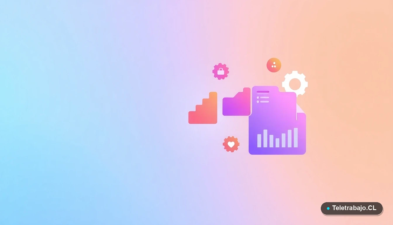 Composición abstracta de interfaz de usuario con gráficos flotantes y iconos minimalistas en tonos lavanda, sobre fondo degradado menta, concepto de procesos y modalidades laborales.