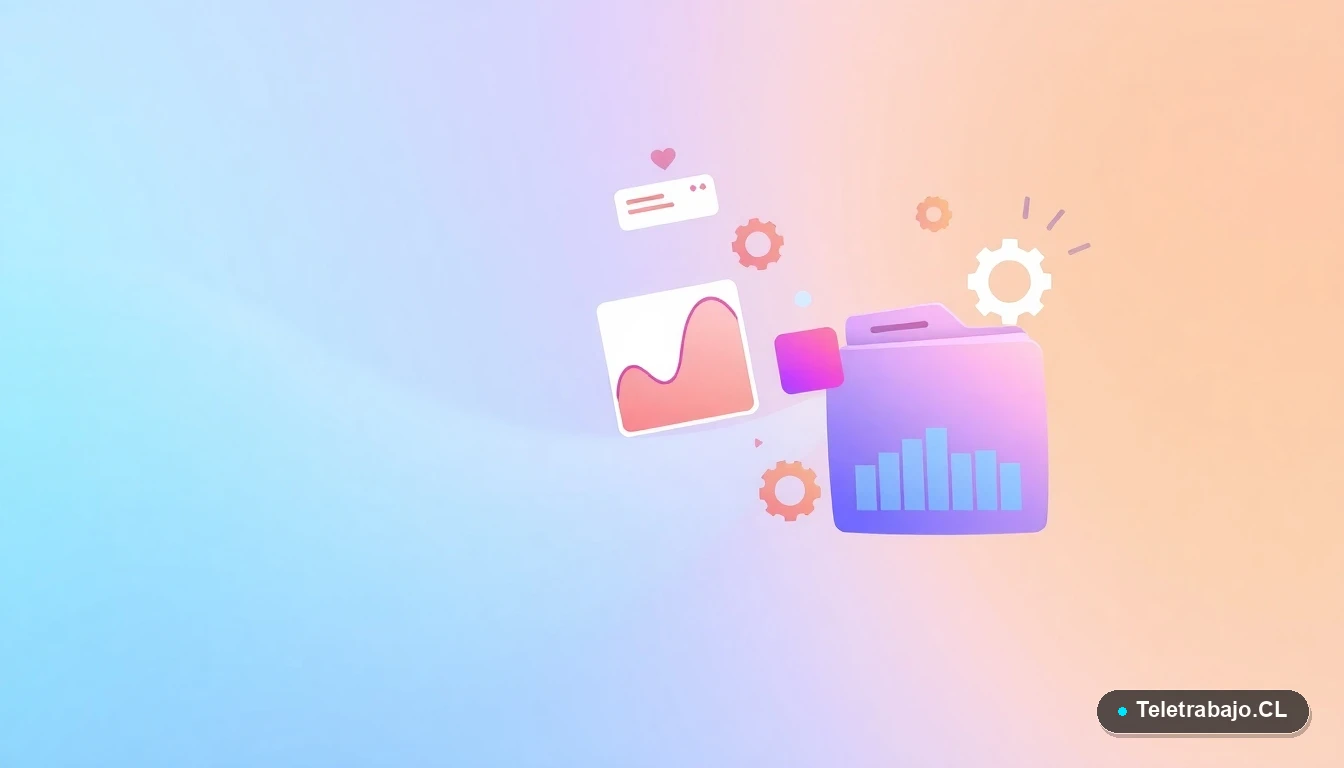 Composición abstracta de interfaz de usuario con gráficos flotantes y iconos de engranaje y carpeta, en colores vibrantes sobre fondo degradado menta. Concepto de gestión y procesos laborales.