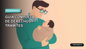 Ilustración plana corporativa de un padre trabajador remoto con su bebé, sobre fondo degradado azul verdoso, representando el permiso de paternidad en Chile.