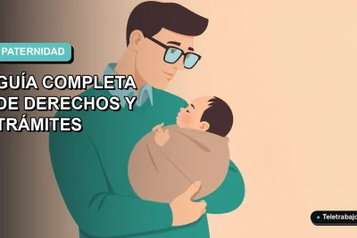 Ilustración plana corporativa de un padre trabajador remoto con su bebé, sobre fondo degradado azul verdoso, representando el permiso de paternidad en Chile.