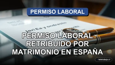 Detalle macro de un contrato de trabajo con cláusula de permiso por matrimonio, una pluma estilográfica y un anillo de boda, sobre fondo de oficina desenfocado.