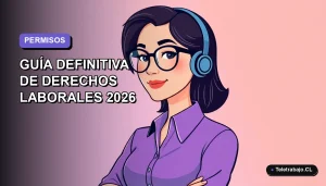 Ilustración plana corporativa de una trabajadora chilena con licencia médica, fondo degradado lavanda vacío.