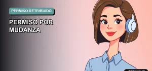 Ilustración vectorial plana de estilo Corporate Memphis de una mujer profesional de teletrabajo con blusa azul, sobre un fondo degradado suave, representando el derecho al permiso retribuido por cambio de domicilio.