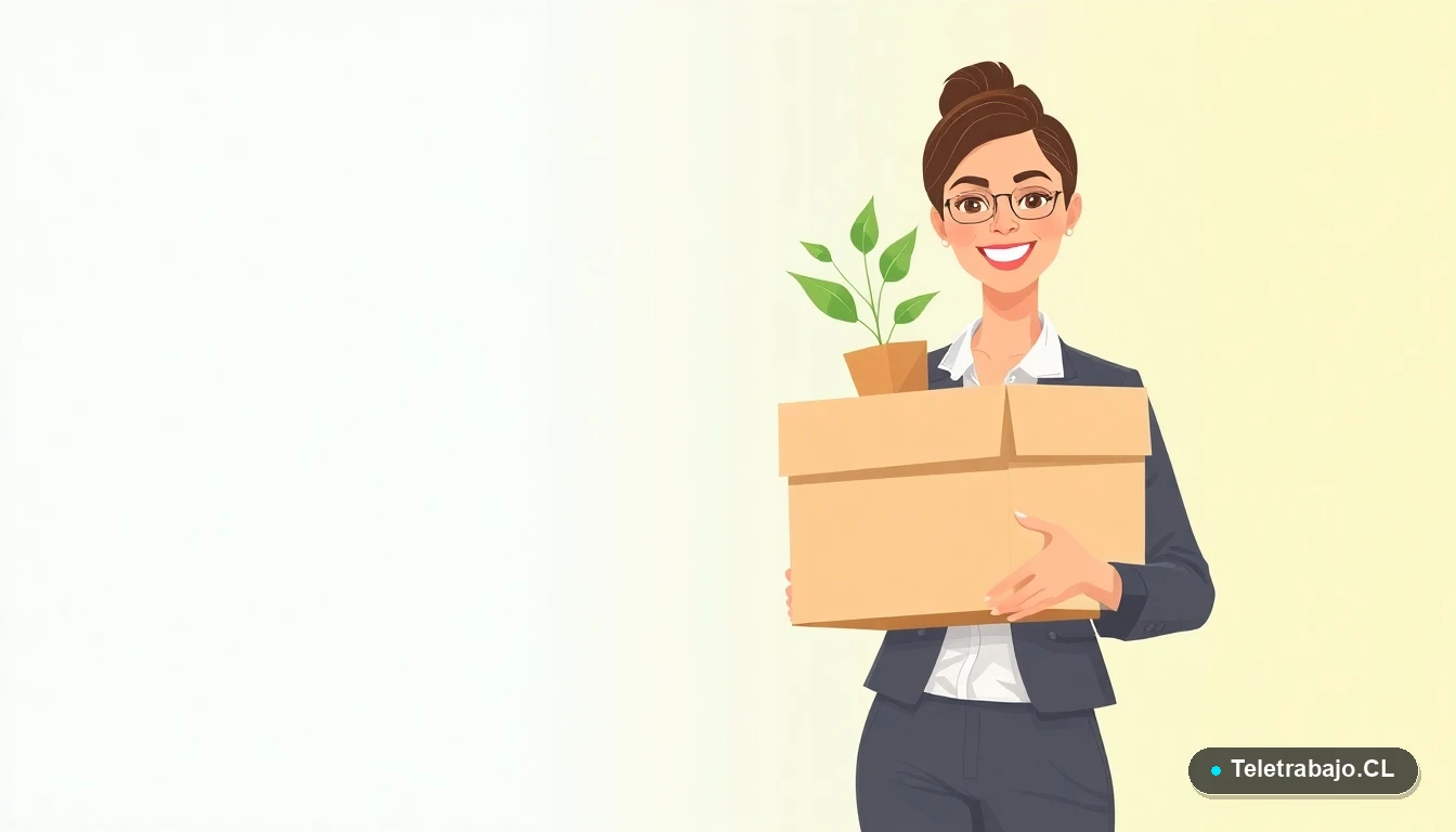 Profesional en teletrabajo sonriendo con una caja de mudanza, ilustración plana moderna.