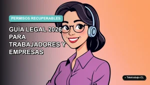 Ilustración vectorial plana de una trabajadora chilena sonriente, estilo Corporate Memphis, sobre fondo degradado azul verdoso. Representa el concepto de permiso recuperable para teletrabajadores.