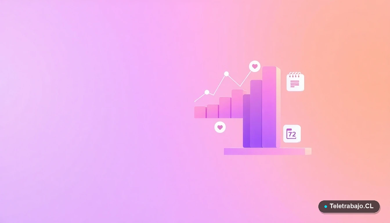 Iconos y gráficos abstractos estilo Corporate Memphis sobre fondo lila: gráfico ascendente, calendario y carpeta, representando la planificación y gestión del permiso recuperable.