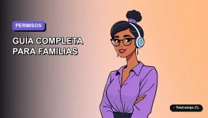 Ilustración plana corporativa de una mujer profesional trabajando desde casa, con fondo degradado lavanda. Representa el equilibrio entre trabajo y familia.