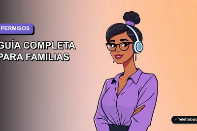 Ilustración plana corporativa de una mujer profesional trabajando desde casa, con fondo degradado lavanda. Representa el equilibrio entre trabajo y familia.