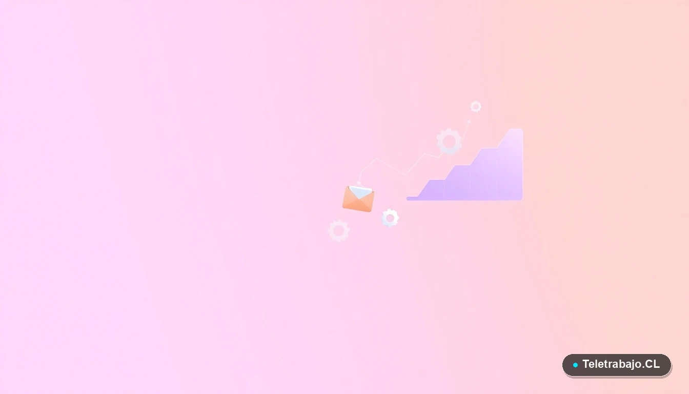 Elementos de interfaz de usuario abstractos y minimalistas, como gráficos y engranajes flotantes, sobre un fondo degradado lila y durazno.