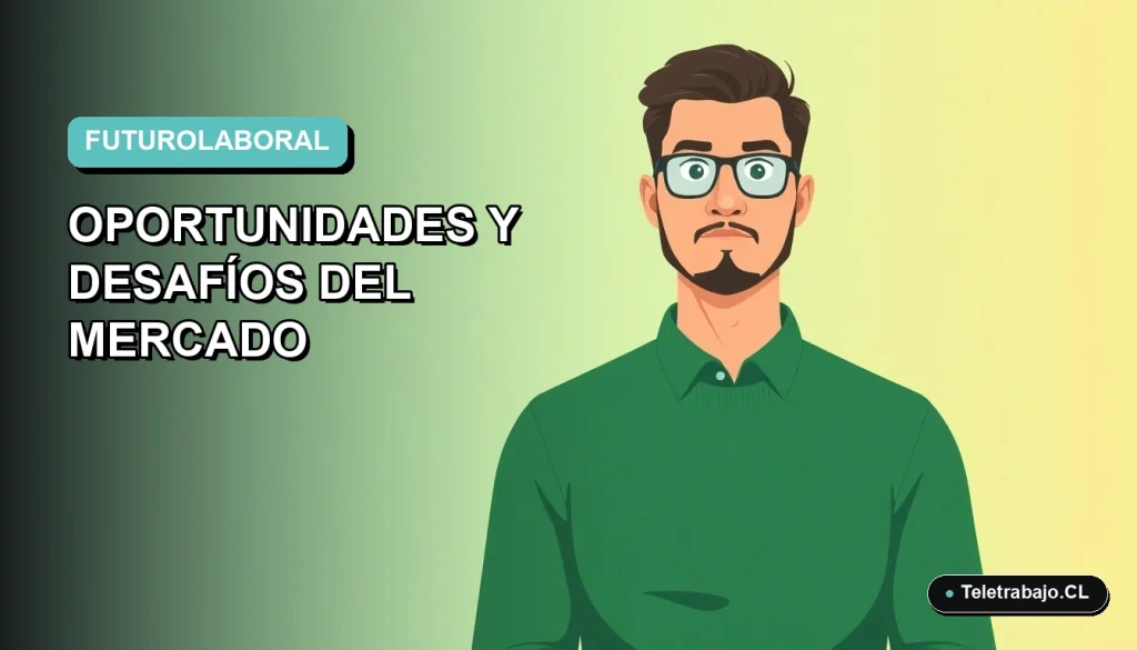 Ilustración vectorial plana de un hombre trabajador remoto con suéter verde, sobre un fondo degradado azul y verde. Espacio negativo a la izquierda.