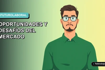 Ilustración vectorial plana de un hombre trabajador remoto con suéter verde, sobre un fondo degradado azul y verde. Espacio negativo a la izquierda.
