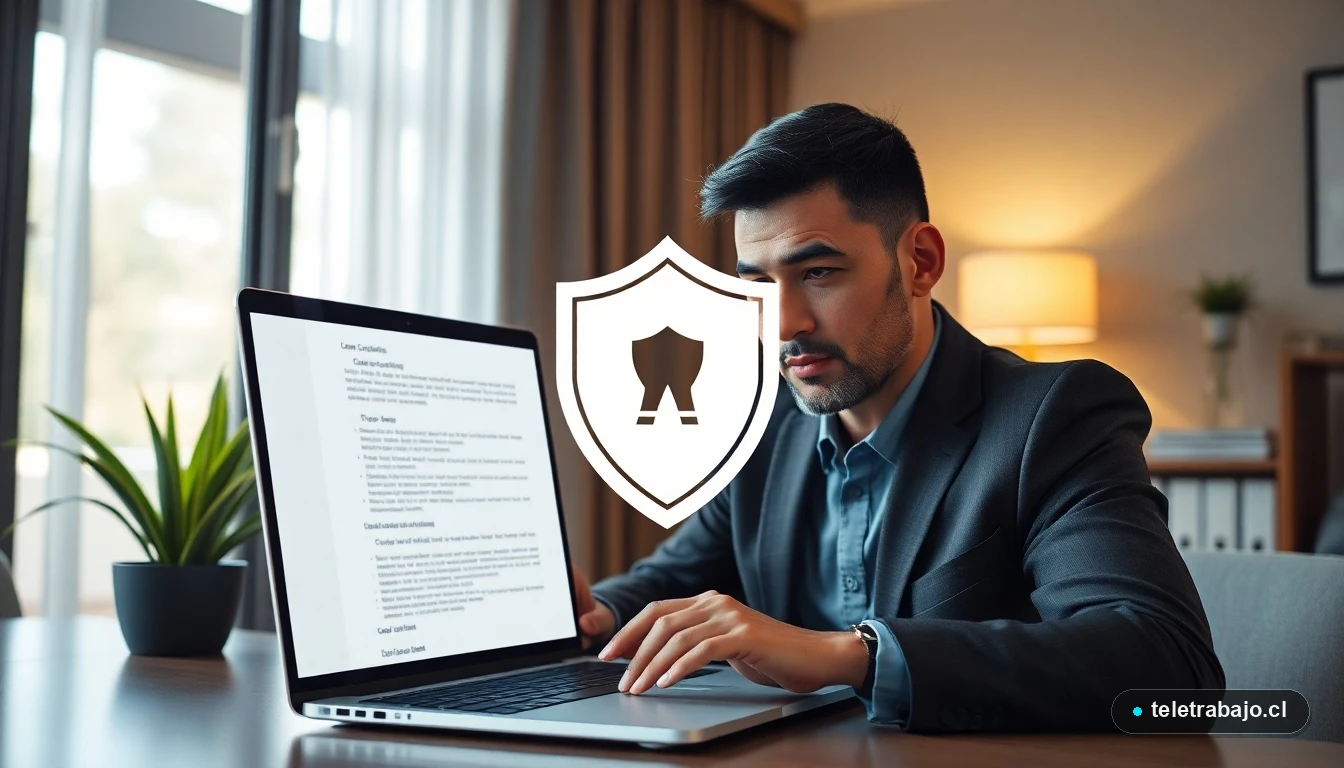 Profesional en teletrabajo en Chile revisando un documento con precaución para prevenir fraudes en negociaciones laborales