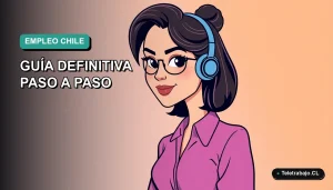 Ilustración plan de búsqueda de trabajo en Chile, trabajadora remota sonriente con fondo degradado azul y verde.