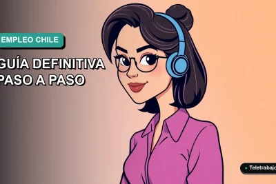 Ilustración plan de búsqueda de trabajo en Chile, trabajadora remota sonriente con fondo degradado azul y verde.