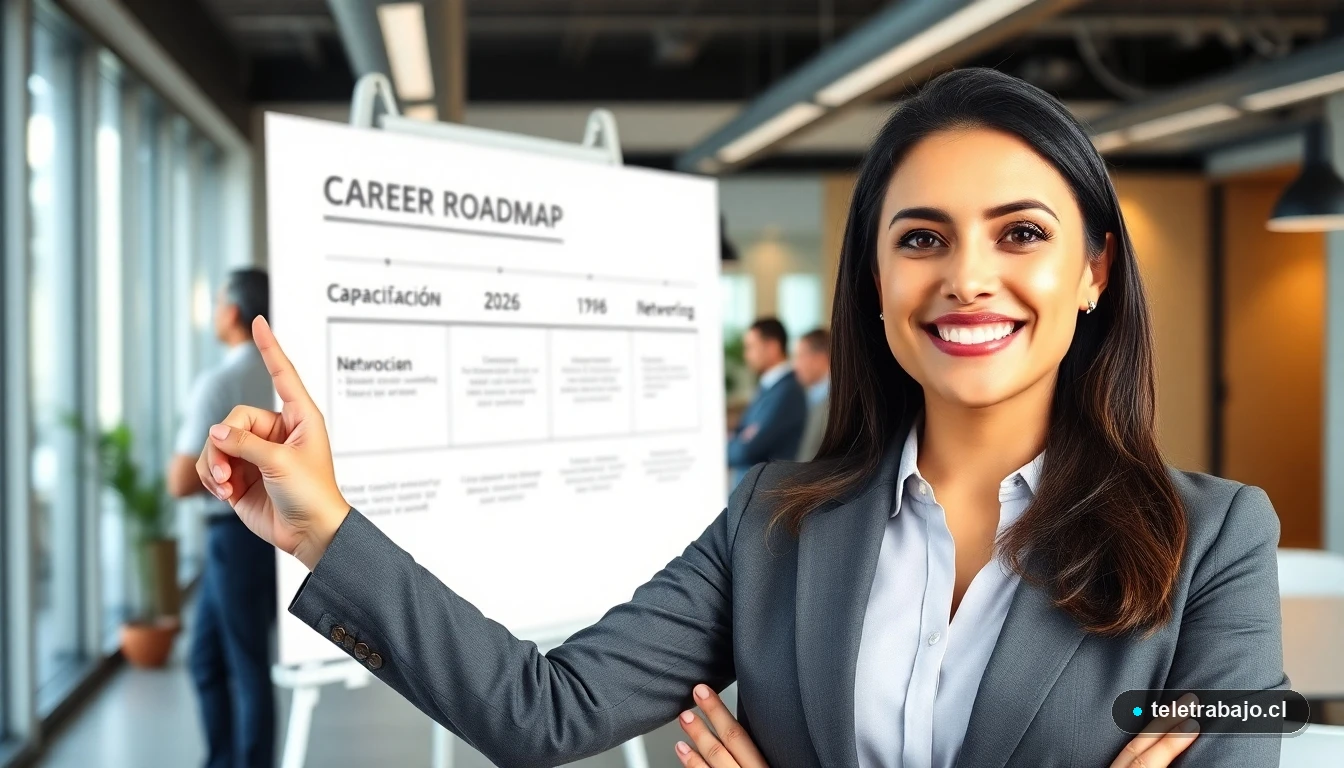 Mujer profesional chilena planificando su carrera 2026 con un mapa de ruta en una pizarra
