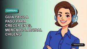 Ilustración vectorial plana de una mujer profesional chilena con blusa azul, sonriendo, sobre fondo degradado verde azulado. Concepto de crecimiento laboral 2026.