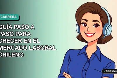 Ilustración vectorial plana de una mujer profesional chilena con blusa azul, sonriendo, sobre fondo degradado verde azulado. Concepto de crecimiento laboral 2026.