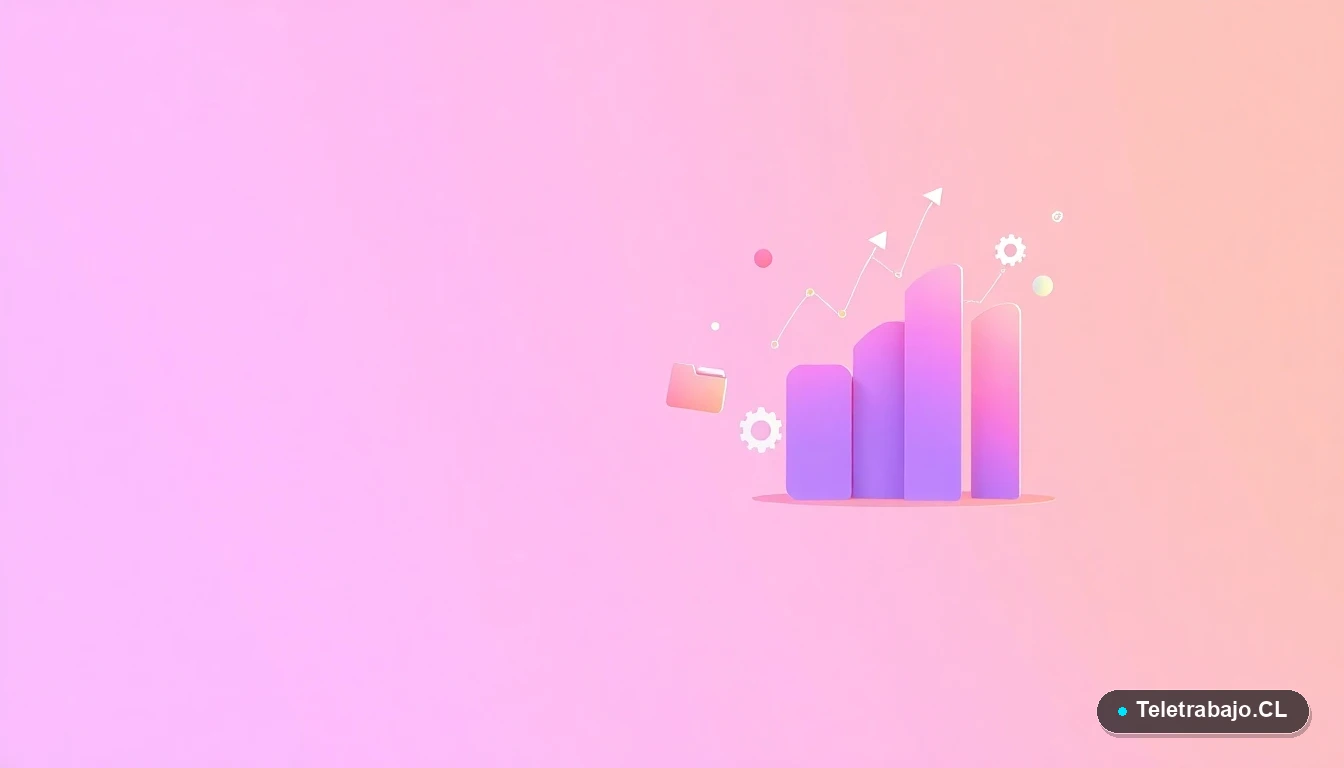 Elementos de interfaz de usuario abstractos: gráficos en ascenso, engranajes y carpetas flotantes en tonos lavanda y durazno, sobre fondo degradado. Concepto de planificación y datos.