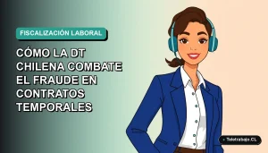 Ilustración planimétrica de mujer profesional chilena con blazer azul, sobre fondo degradado verde azulado, representando el Plan de Choque 2026 contra fraudes en contratos temporales.