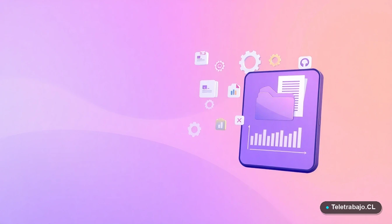 Interfaz de usuario abstracta con gráficos y engranajes flotantes en estilo plano, sobre fondo degradado lila, simbolizando análisis y tecnología para la fiscalización laboral en Chile.