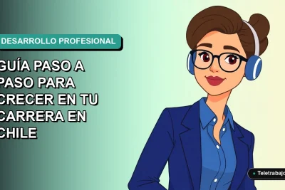 Ilustración plana vectorial de una mujer profesional chilena con blusa azul y lentes, sobre fondo degradado verde azulado, representando crecimiento laboral.