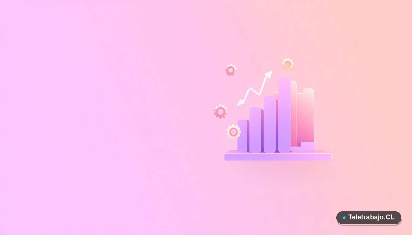 Elementos abstractos de interfaz de usuario: gráficos, engranajes y carpetas flotantes en tonos lavanda y durazno, sobre fondo degradado, concepto de planificación y tecnología.