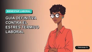 Ilustración plana corporativa de mujer profesional de teletrabajo con expresión tranquila, sobre fondo degradado suave azul verdoso. Concepto de guía contra el estrés por calor.
